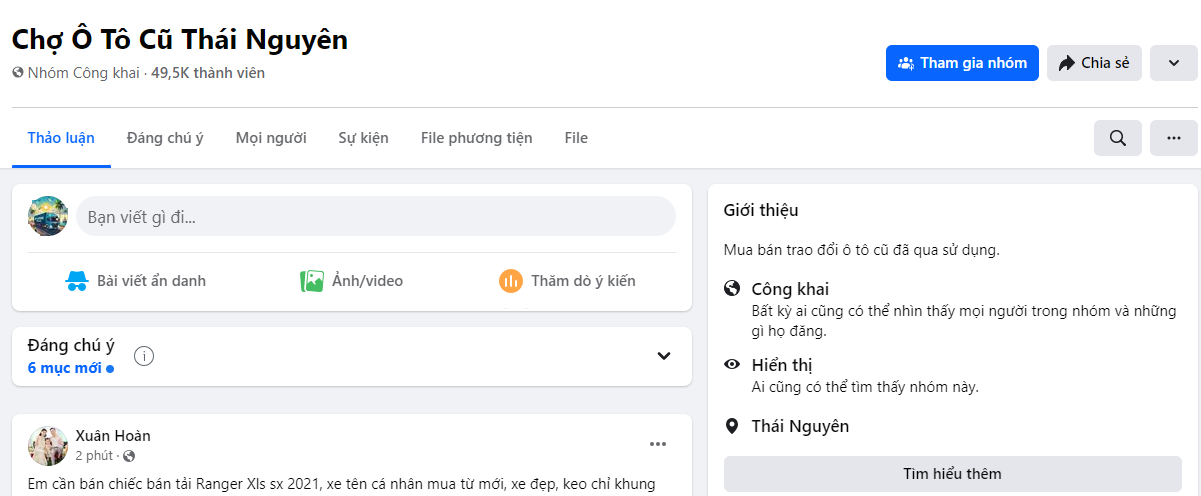 Chợ ô tô cũ Thái Nguyên trên hội nhóm facebook