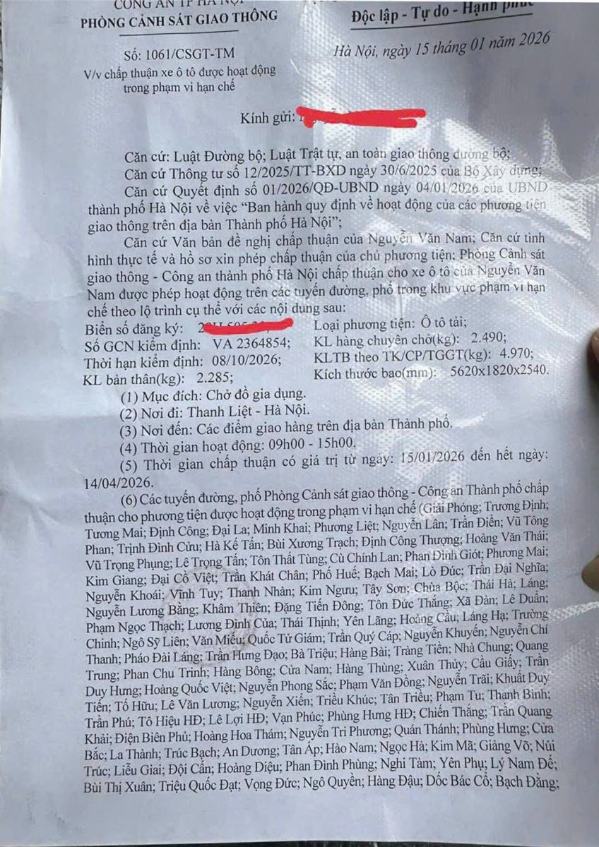 Đơn xin phép xe tải vào thành phố hà nội