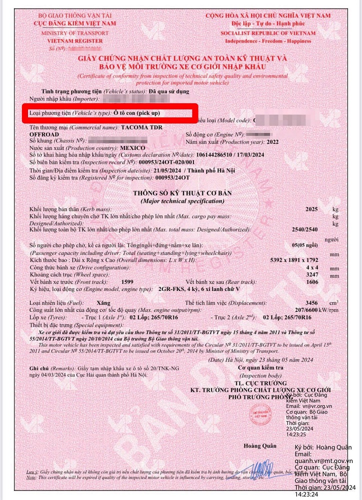 Giấy chứng nhận loại phương tiện xe bán tải ô tô con Pickup