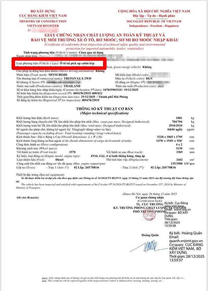 Giấy chứng nhận loại phương tiện xe bán tải ô tô tải Pickup