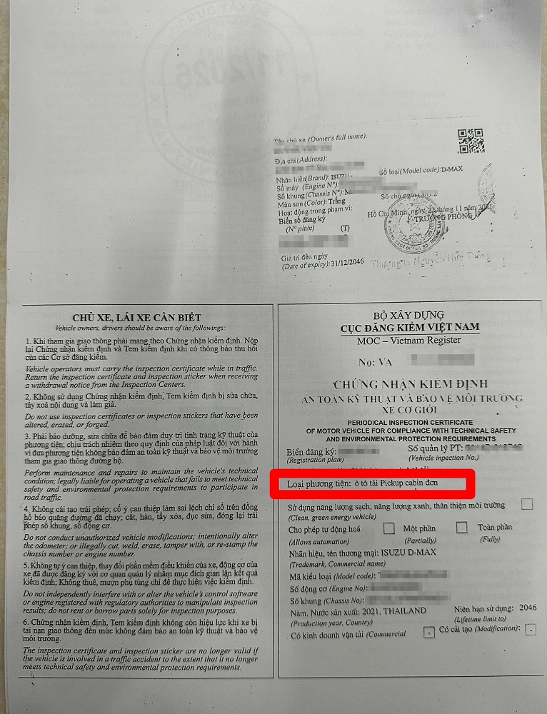 Hình ảnh đăng kiểm xe bán tải ô tô tải Pickup
