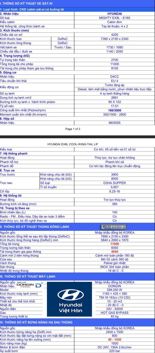 Thông số kỹ thuật Hyundai EX8L đông lạnh cánh dơi gắn bửng nâng hạ thủy lực